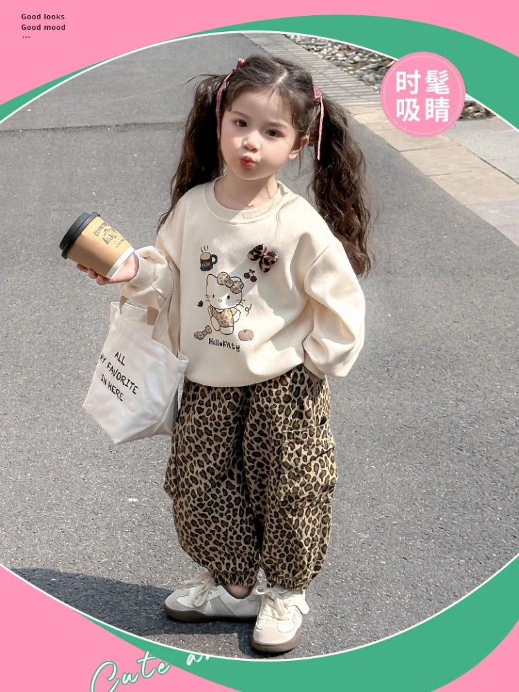 Ensemble de vêtements d'automne pour filles, sweat-shirt, pull Hello Kitty, haut et pantalon imprimé léopard, costume 2 pièces, tenue de survêtement mignonne pour enfants