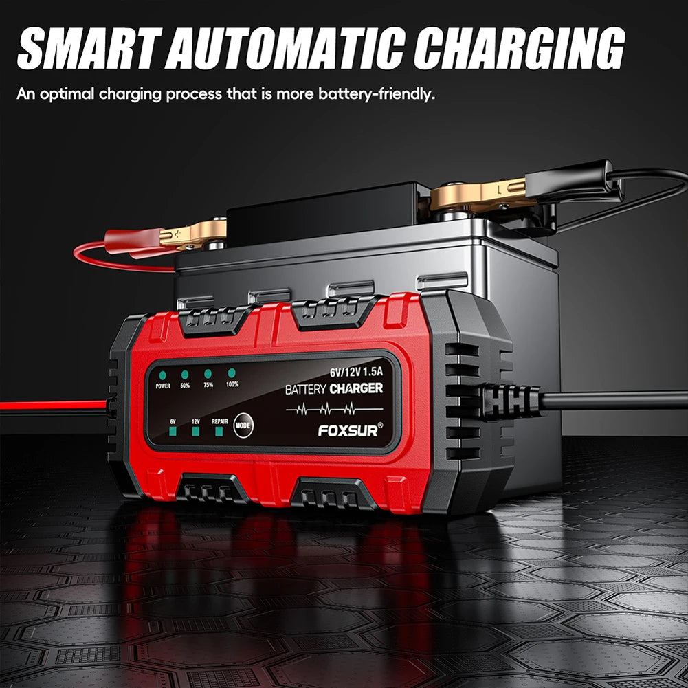 6V 12V 1.5A Electric Car Battery Charger, for Electric Motorcycles, Smart, for Car, Truck, Boat, SUV, AGM GEL Lead-Acid Batteries