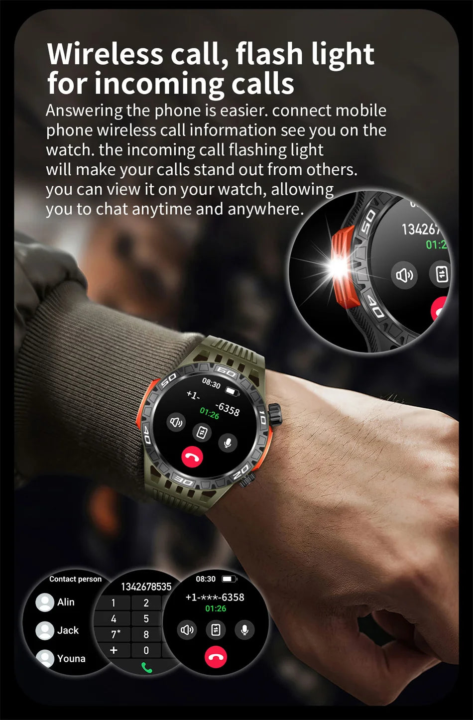 Montre intelligente étanche avec éclairage LED pour homme, boussole, tracker de fitness sportif, IP68, Bluetooth, conversation, Android, iOS