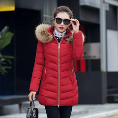 Veste d'hiver mi-longue en coton pour femme, manteau d'hiver rempli de grand col en fourrure, fibre de Polyester de Style britannique Non amovible