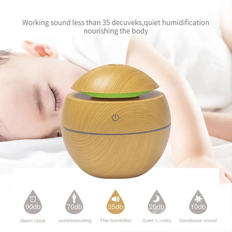 Humidificateur d'air ultrasonique USB, diffuseur d'arôme, Grain de bois, veilleuse LED, diffuseur d'huile essentielle électrique, aromathérapie pour la maison, 130ML