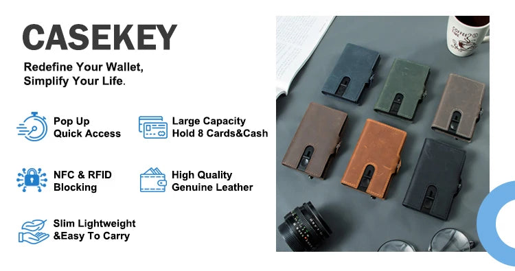 CASEKEY hommes portefeuilles véritable cuir de vache Pop Up affaires porte-carte de crédit RFID blocage mince intelligent portefeuille en Fiber de carbone avec poche