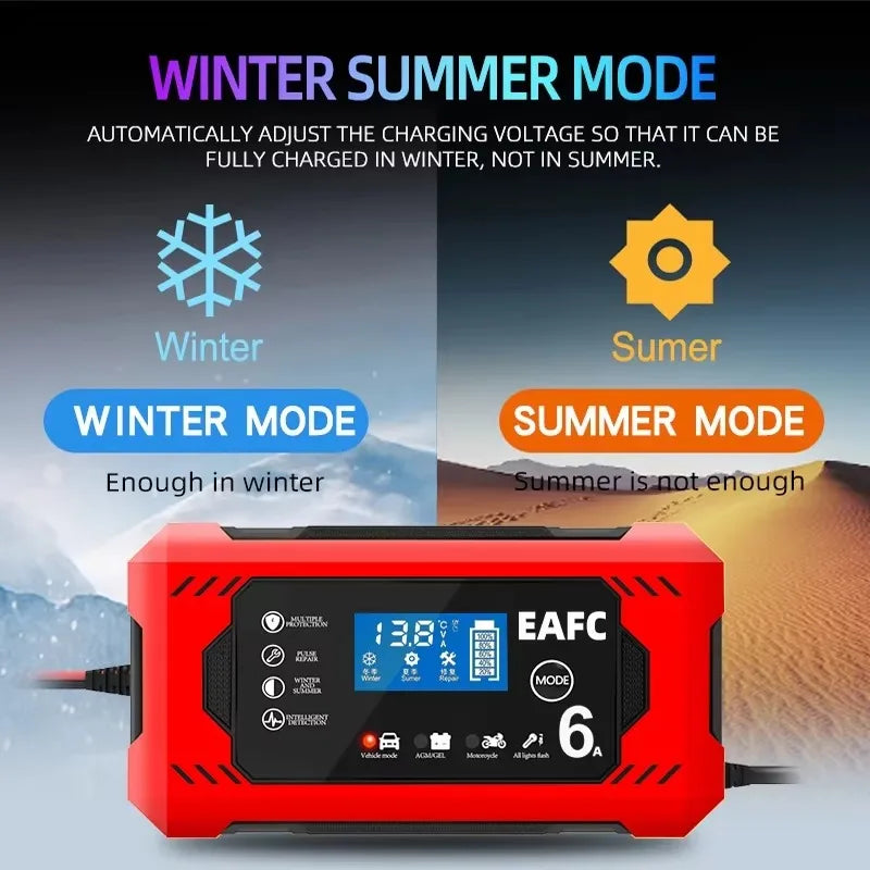 Chargeur de batterie de voiture, grand écran 6a 12V, dispositif de charge de batterie de voiture et de moto, batterie au plomb, réparation intelligente, écran LCD