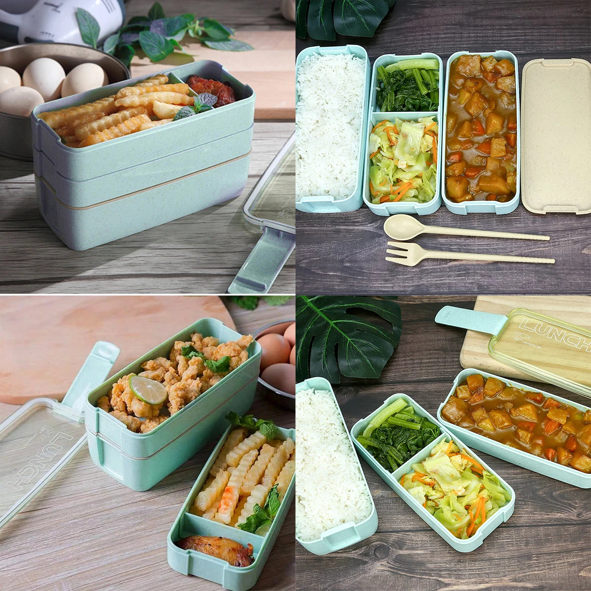 Boîte à Bento de 900ml pour enfants, 3 boîtes à déjeuner empilables, anti-fuite, récipient alimentaire Portable, paille de blé, boîte de stockage des aliments, lave-vaisselle