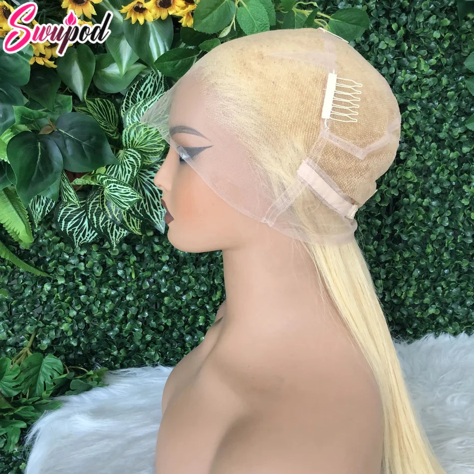 Perruque Lace Front Wig 100% naturelle, cheveux lisses, blond 250, pre-plucked, sans colle, densité 613, HD, ultraviolets