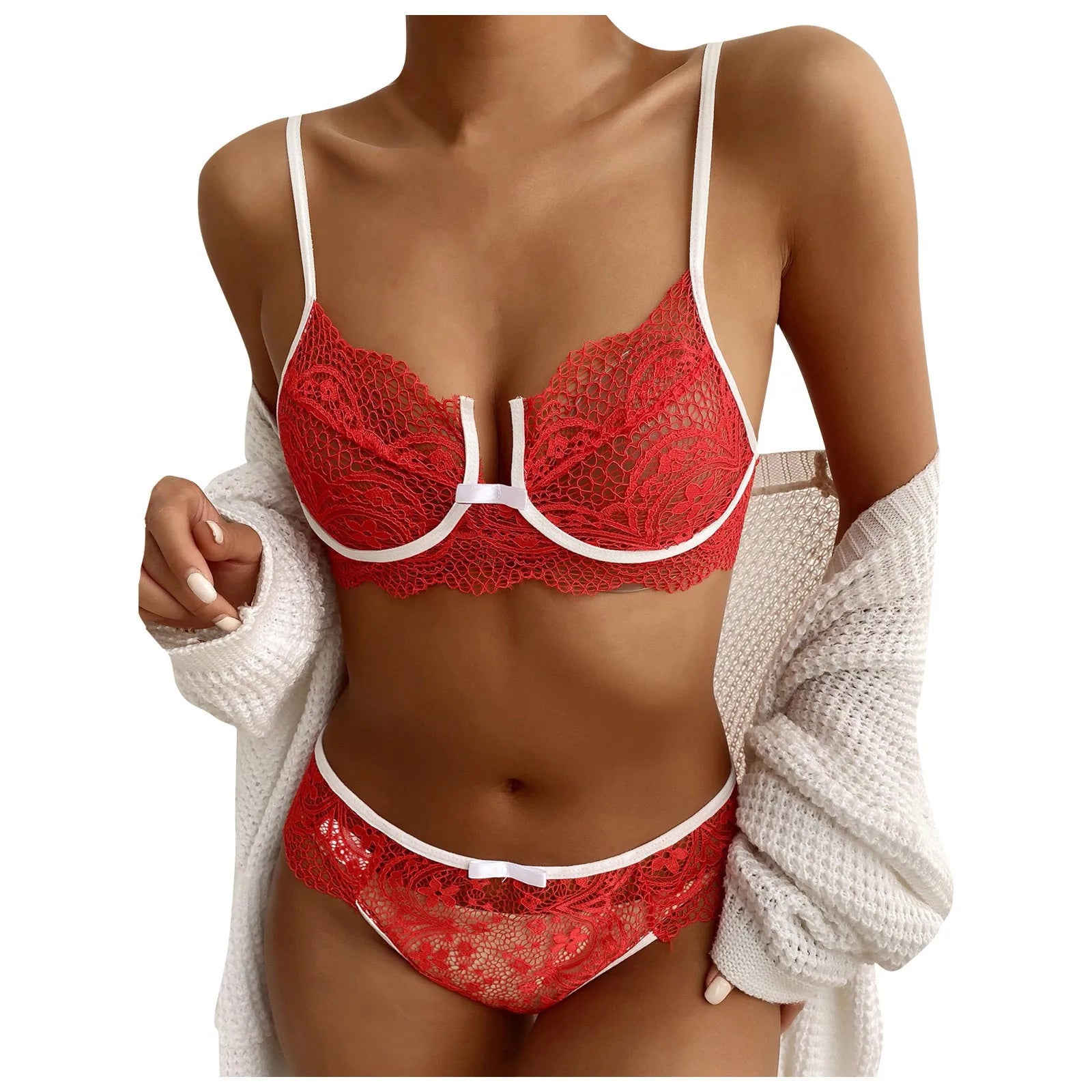Ensemble pyjama en dentelle pour femmes, sous-vêtements Sexy, soutien-gorge à nœud papillon sans fil, string, couleur unie, ensembles de Lingerie féerique transparents