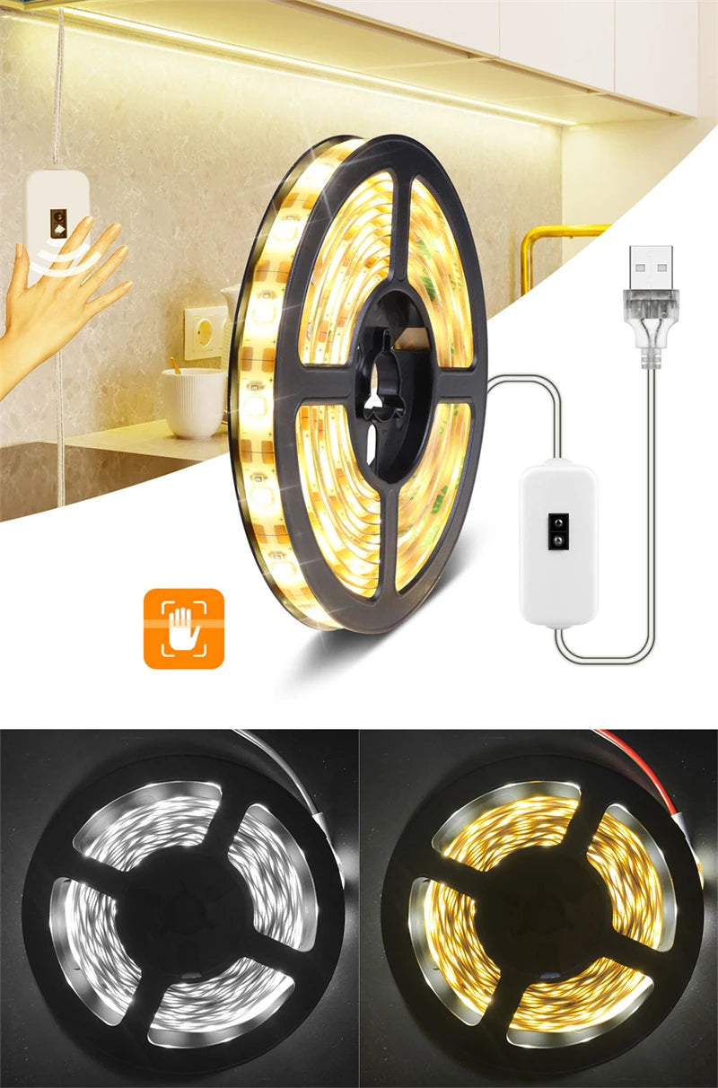 LED Strip Light with Ripple Sensor and Hand Swipe, Backlighting for TV, Kitchen, Under Cabinet, DC 5V, USB 2835