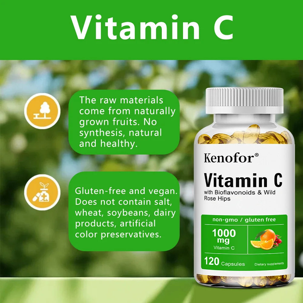 Vitamine C 1000 Mg - avec agrumes, églantier, soutien immunitaire, production de collagène, santé de la peau, antioxydant, 120 gélules