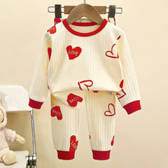 Pyjama chaud en pur coton pour enfants, garçons et filles, T-Shirt à manches longues + pantalon, dessin animé mignon, sous-vêtements d'automne pour bébés en bas âge
