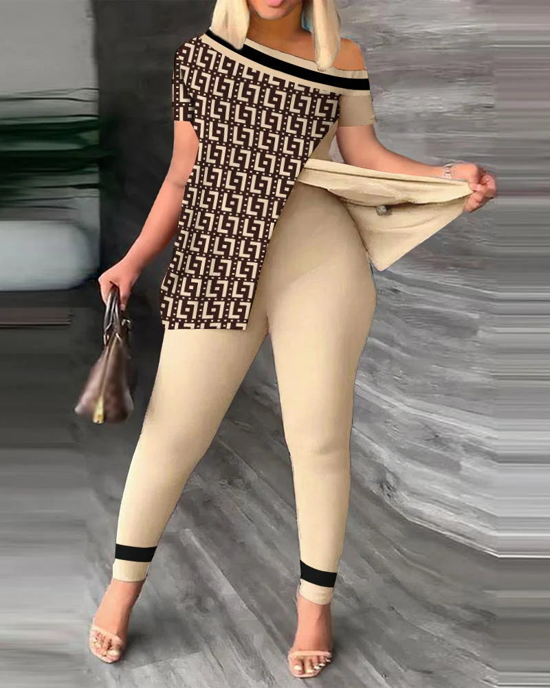 Women's Printed 2 Piece Set, Irregular Slanted Collar Split Top Short Sleeve Long Pants Colorful Outfit Fashion Women Pant Suit