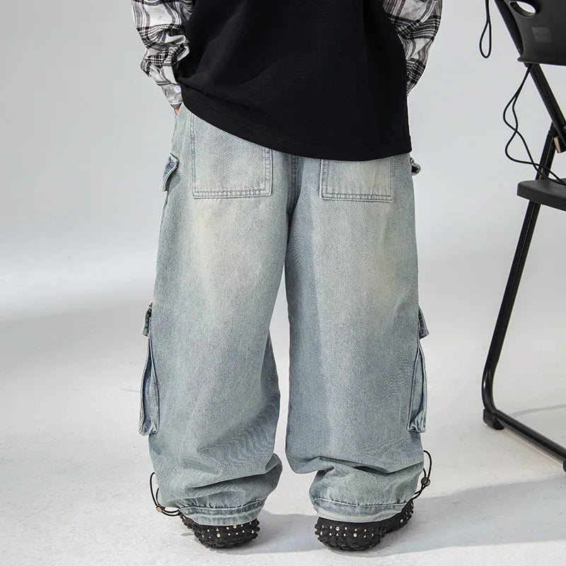 Jean ample à jambes larges pour garçons, pantalon de travail pour enfants moyens et grands, coupe confortable, printemps-automne