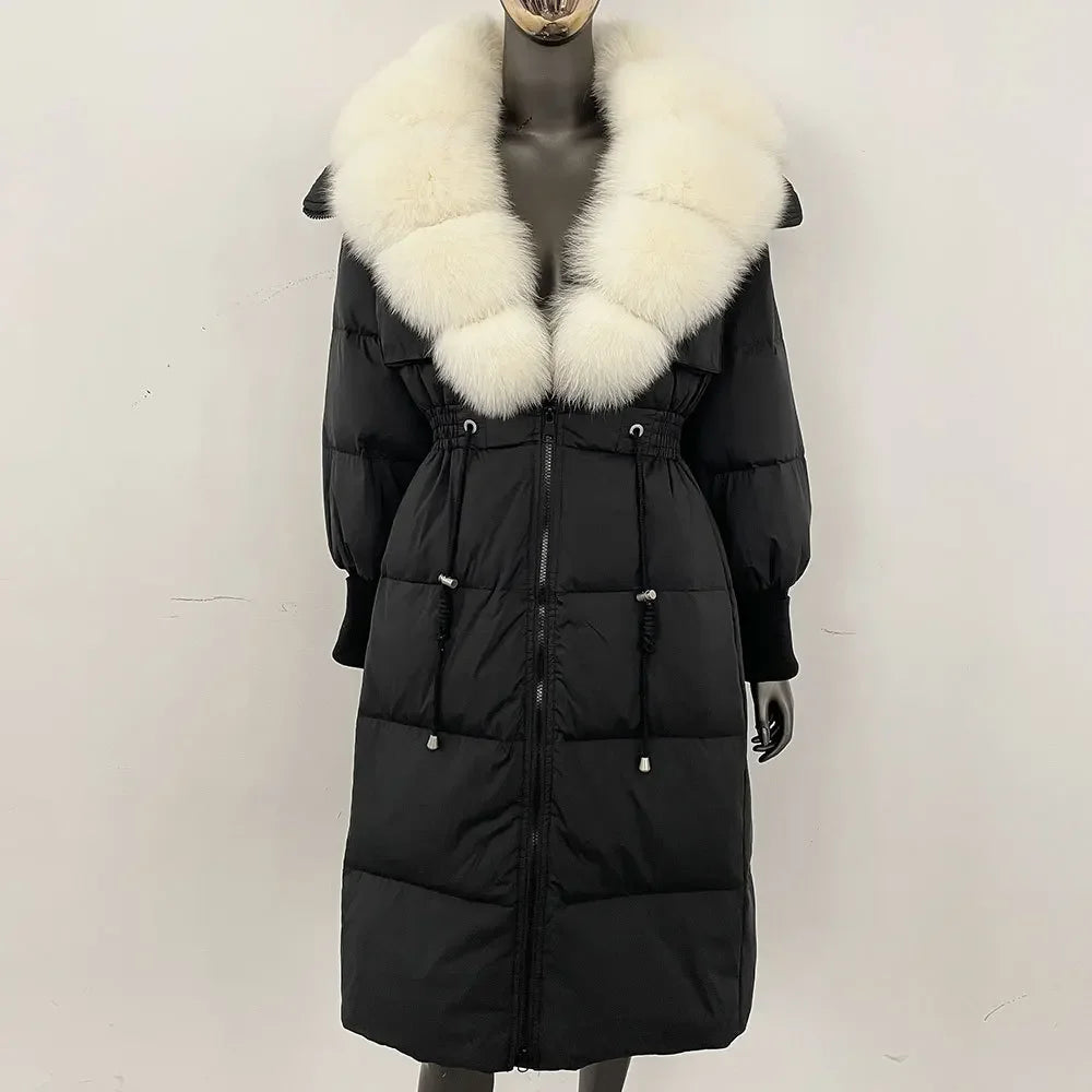 Doudoune longue avec col en fourrure pour femme, pardessus en fourrure de renard, longueur aux genoux, à la mode, chaude, cintrée à la taille, vêtements d'extérieur amincissants