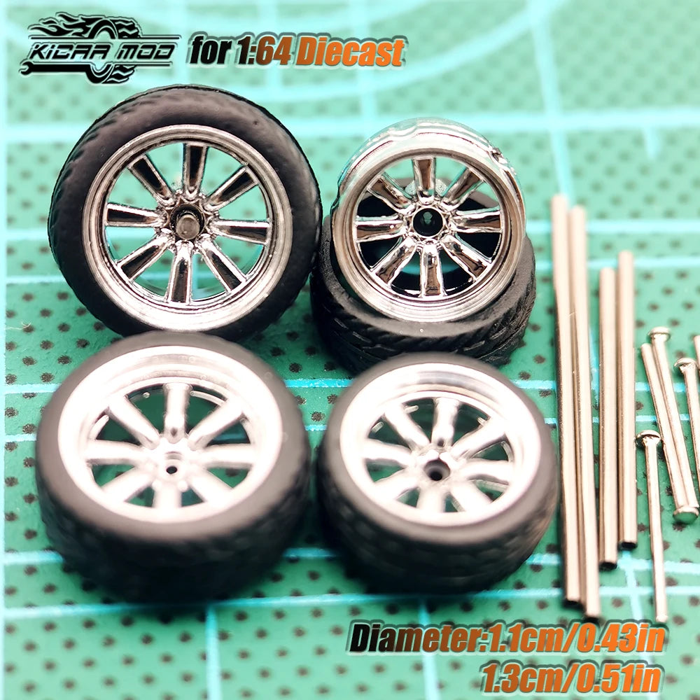 KicarHapp1/64-Jantes Métalliques ABS avec Caoutchouc pour Voiture Miniature, Pièces de Réaménagement Avant, Petite et Arrière