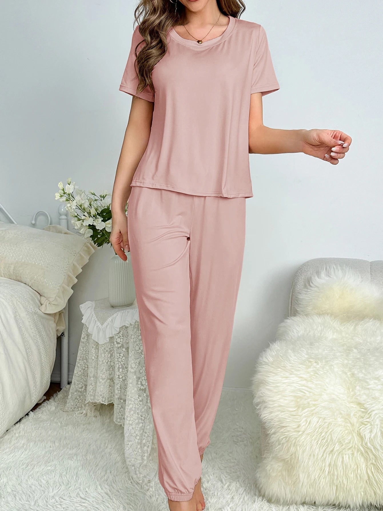 Pyjama à manches courtes pour femmes, nouveau style, pantalon élégant, décontracté, deux pièces, couleur unie, vêtements de maison