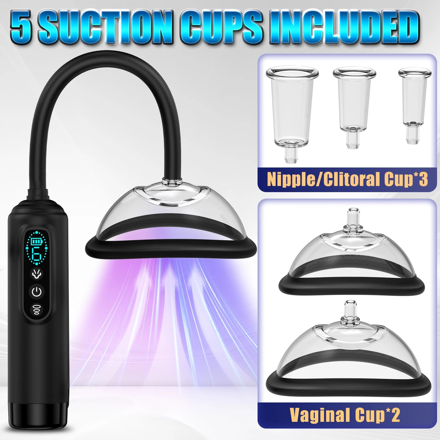 Electric BDSM suction pump for women, vibrating pussy pump, vacuum suction toy, vaginal sex pump, 7 suction cups, clitoral and nipple suction cup.
