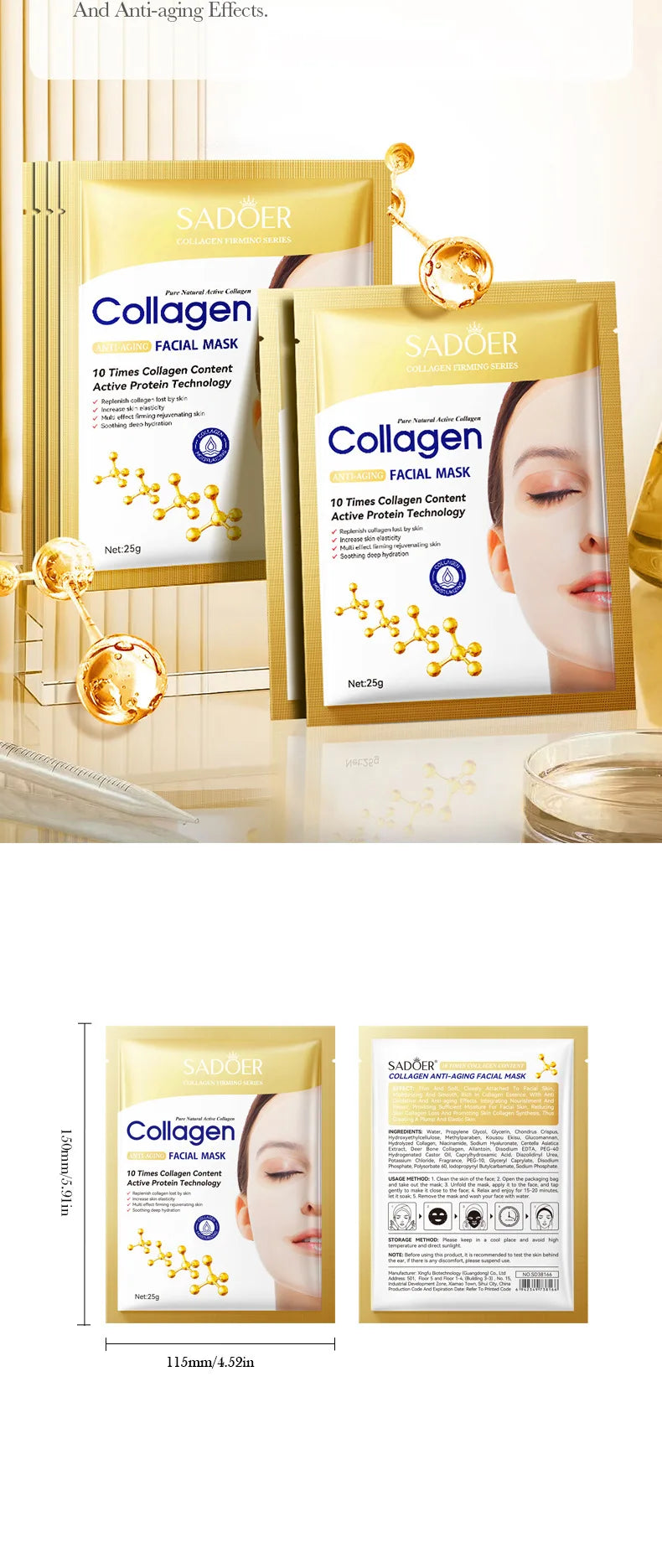 Masque Facial Anti-rides au collagène Bio, Anti-vieillissement, estompe les ridules, raffermissant, hydratant en profondeur, éclaircissant, réparation, soins pour la peau