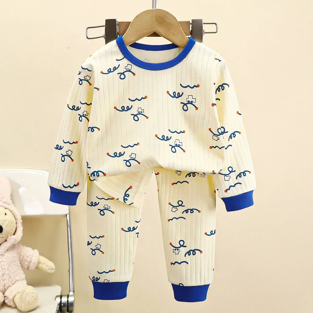 Pyjama chaud en pur coton pour enfants, garçons et filles, T-Shirt à manches longues + pantalon, dessin animé mignon, sous-vêtements d'automne pour bébés en bas âge