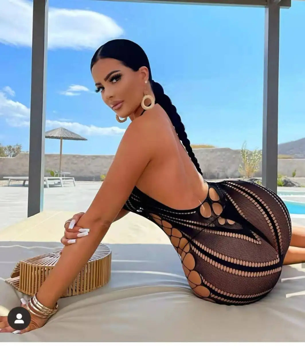 Sexy femmes résille licou robe dos nu coupe basse serré crayon robe mignonne grande taille Mini robe boîte de nuit robe de danse Beatchwear