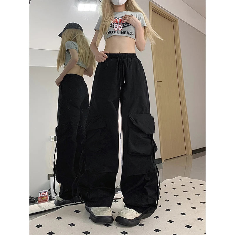 Y2K Cargo pantalon femmes Streetwear surdimensionné jambe large pantalons de survêtement Harajuku grandes poches Joggers Bf taille haute Baggy sport pantalon