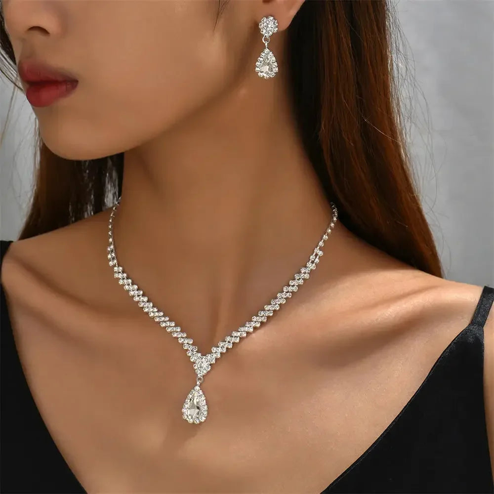 Ensemble de Bijoux Élégants en Forme de Goutte d'Eau pour Femme, Pendentif en Strass, Collier, Boucles d'Oreilles, pour Robe de Mariée, Patients, 2 Pièces/Ensemble