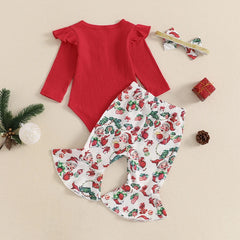 Ensemble pantalon de noël pour bébés filles, barboteuse côtelée à manches longues, imprimé père noël oiseau, pantalon évasé, bandeau