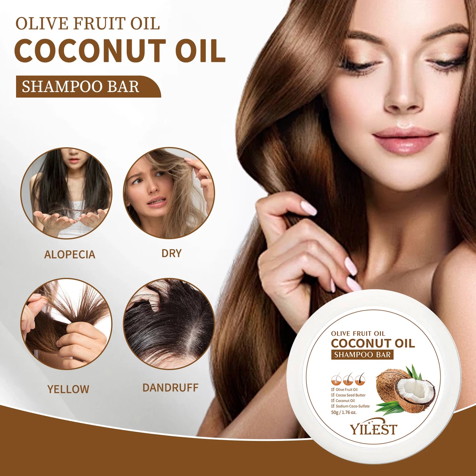 Shampoing à l'huile de noix de coco naturelle biologique, savon solide fait à la main, nourrit les cheveux, Anti-frisottis, assombrissant, renforcement des cheveux, soins capillaires
