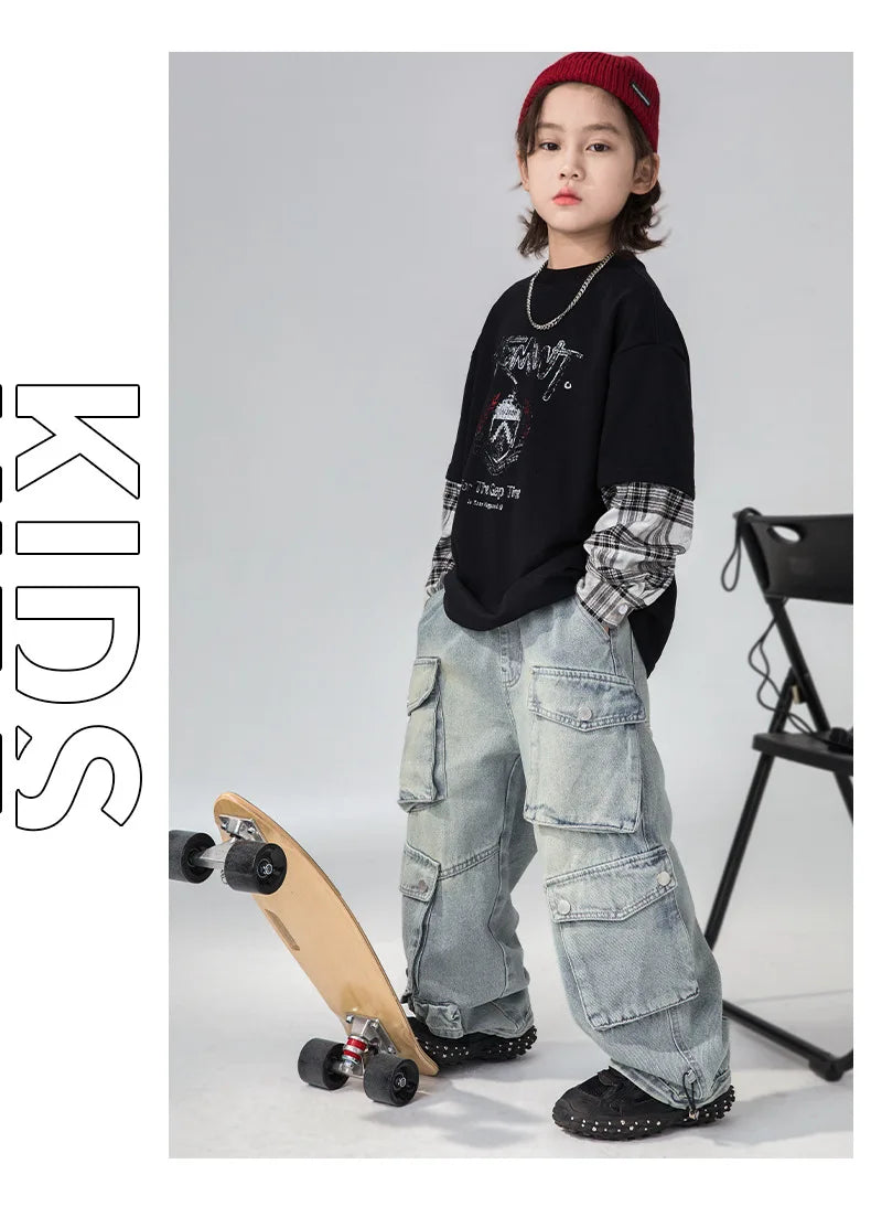 Jean ample à jambes larges pour garçons, pantalon de travail pour enfants moyens et grands, coupe confortable, printemps-automne