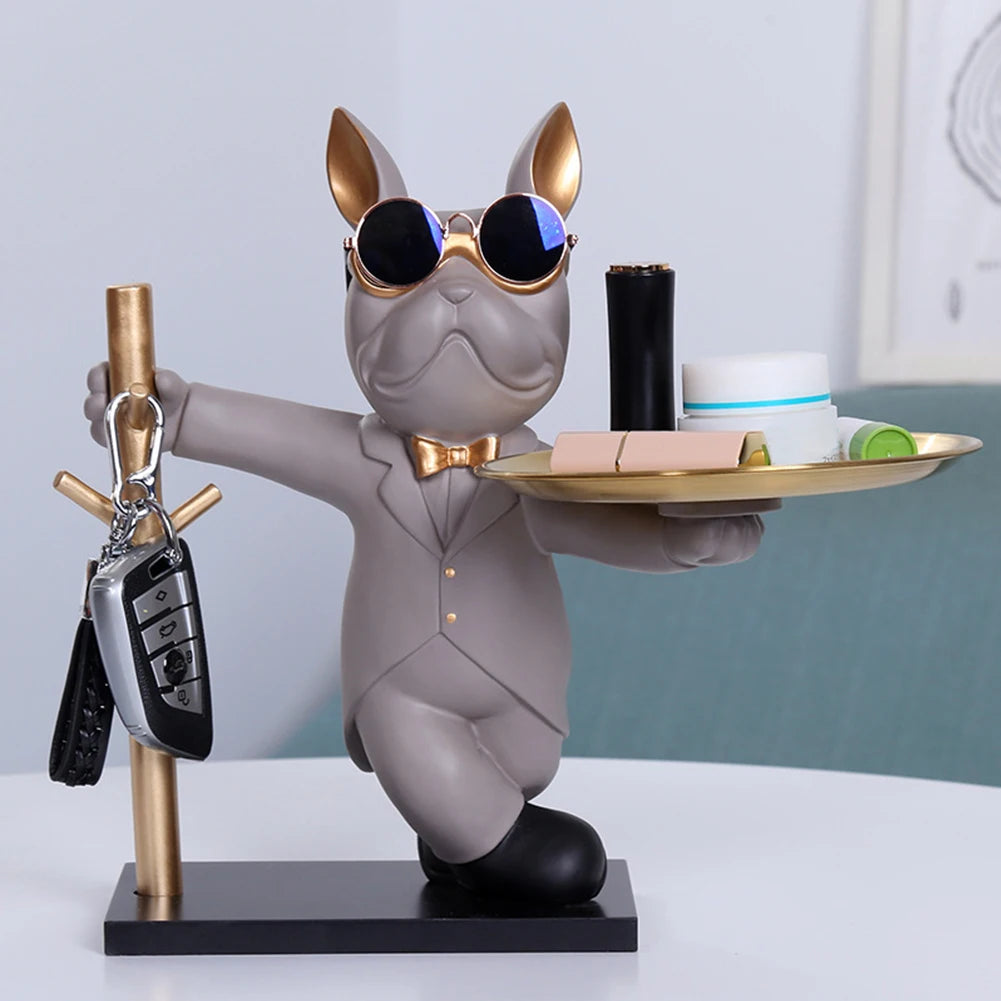 Sculpture de bouledogue français, Statue de chien, Figurine décorative, plateau de rangement en métal, pièce de monnaie, tirelire, clé d'entrée, porte-snack