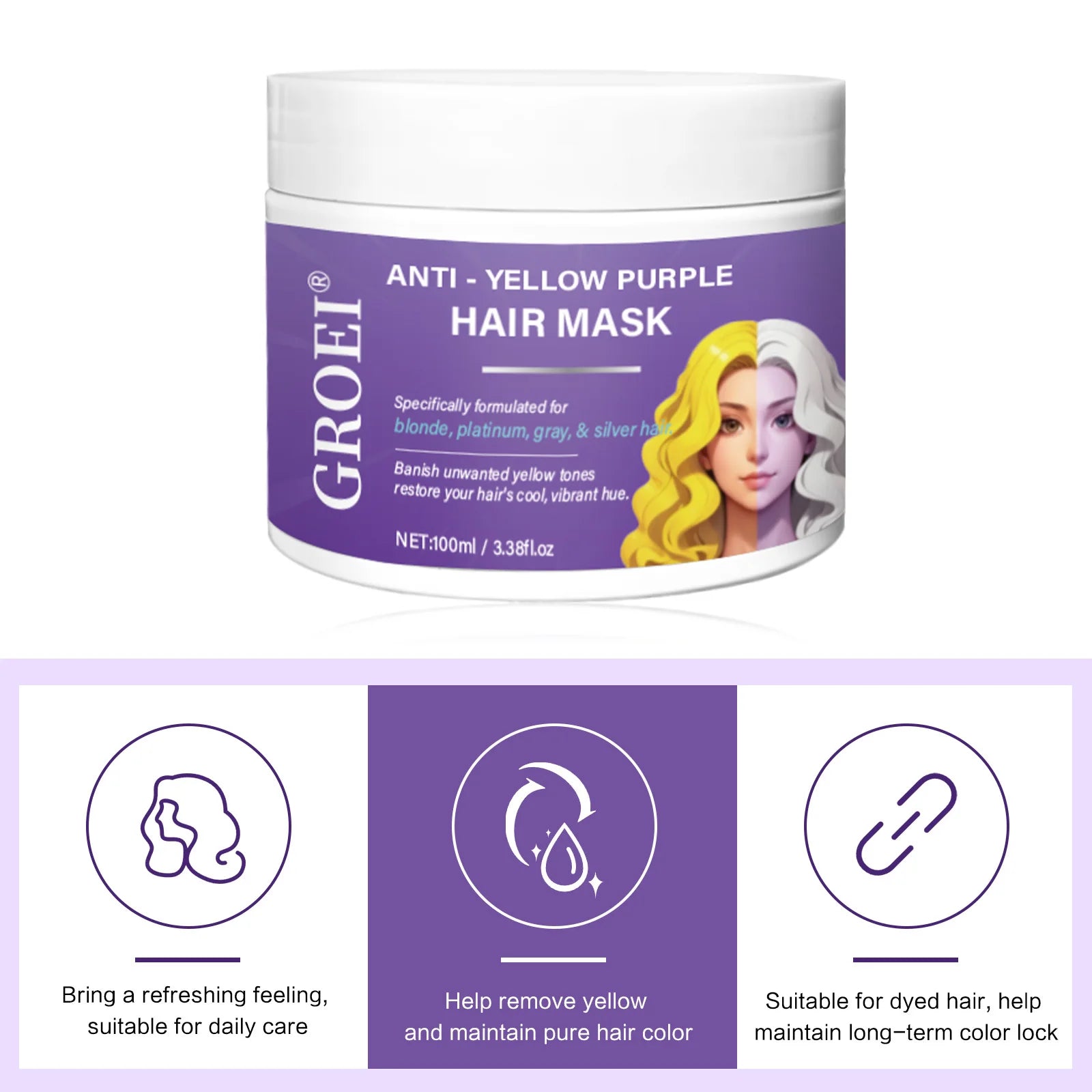 Masque capillaire qui élimine les tons jaunes et nourrit en profondeur les cheveux, améliore la brillance des cheveux et restaure la couleur des cheveux.