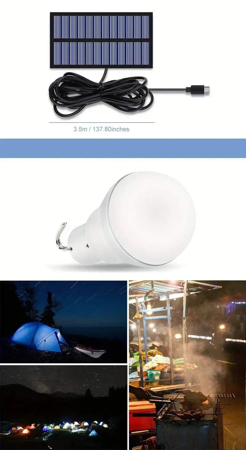 LED solar lamp, waterproof outdoor bulb, portable solar garden hanging hiking fishing emergency lights