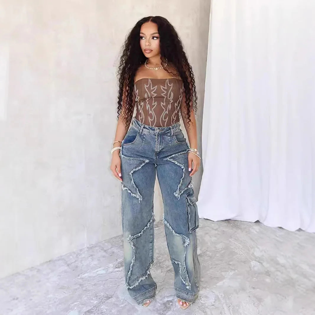 Women's relaxed, straight-leg, wide-leg denim jeans with star tassel detail, comfortable, loose fit, new autumn/winter collection