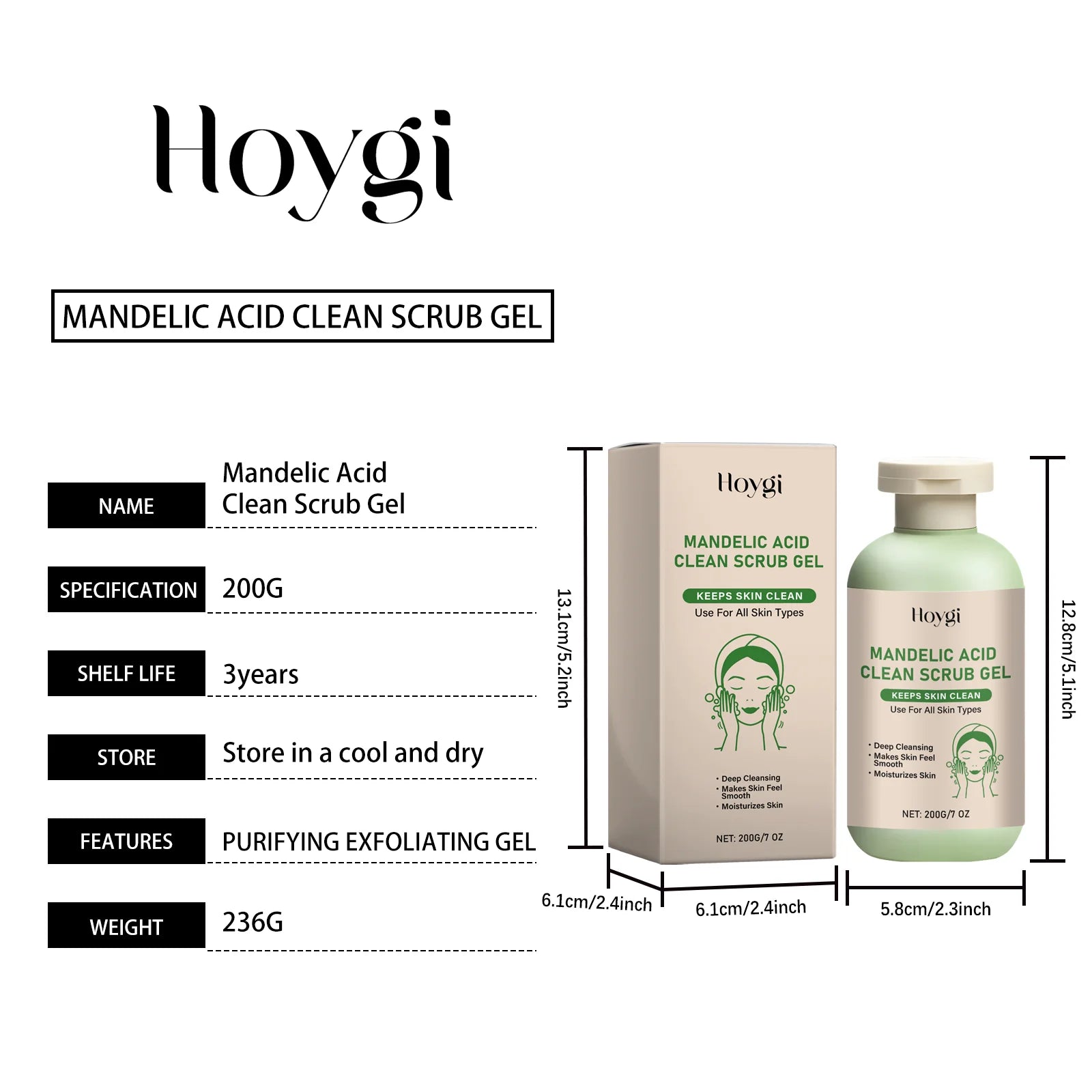 Gel gommage propre pour le corps à l'acide mandélique, exfoliant doux, dissolvant de peau morte, lissant, soins pour la peau, hydratant, nettoyage en profondeur