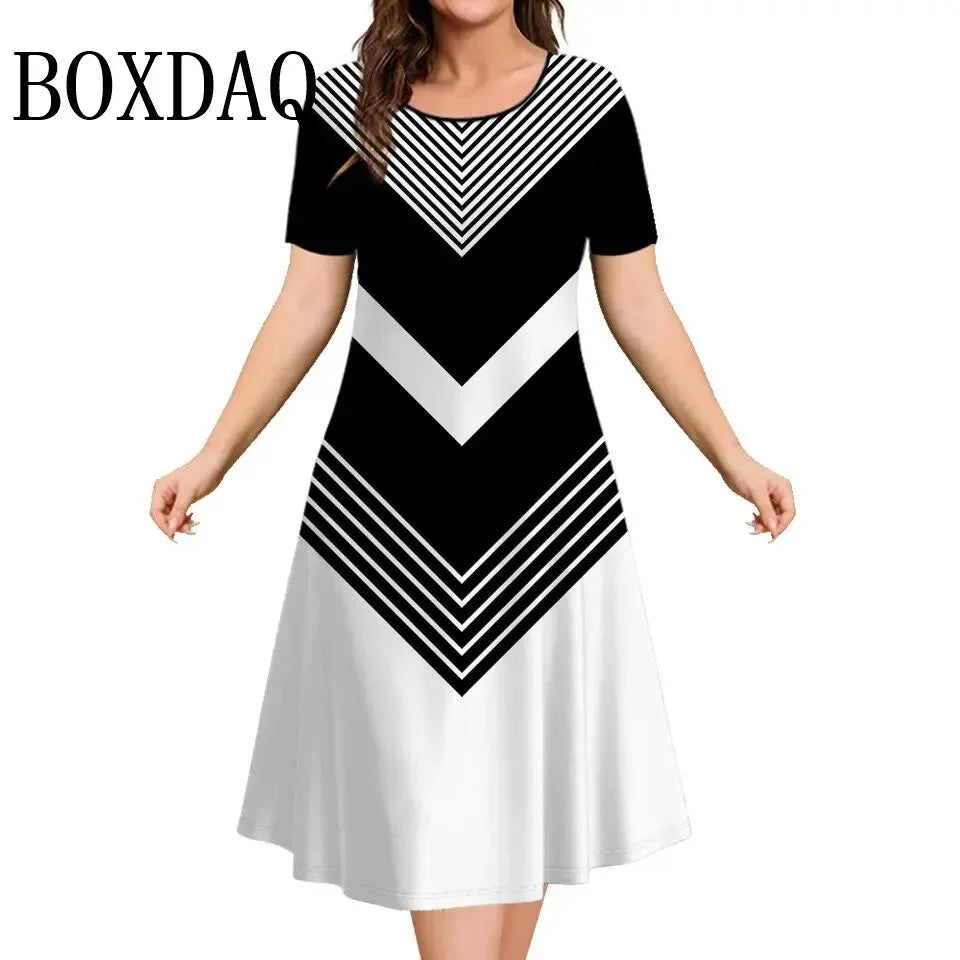 Robes pour femmes couleurs contrastées rayé élégant décontracté col rond manches courtes robes de mode été femmes grande taille vêtements 9XL