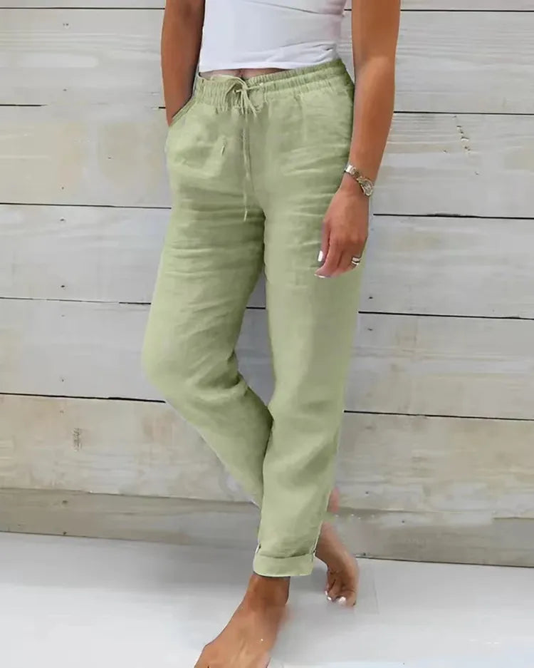 Pantalon en coton et lin pour femmes, taille haute, élastique, décontracté, à la mode, respirant, ample, nouvelle collection 2025
