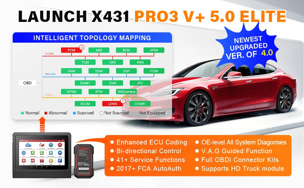 LAUNCH X431 PRO3 V + 5.0 Diagnostic Tool OBD2 Automotive Scanner for Cars, Topology Mapping, and Automotive Mechanics.