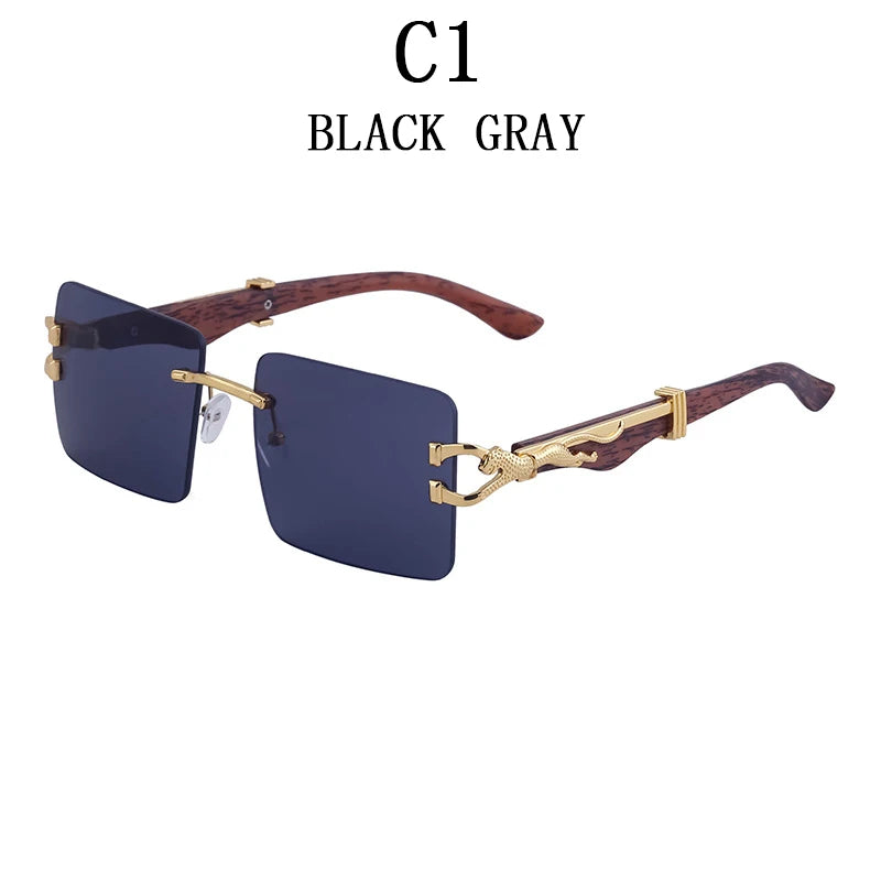 Frameless square wooden sunglasses for men and women, vintage, fashionable, luxury, retro, 2023