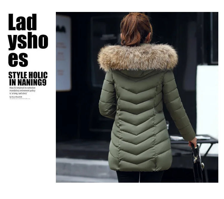 Veste d'hiver mi-longue en coton pour femme, manteau d'hiver rempli de grand col en fourrure, fibre de Polyester de Style britannique Non amovible