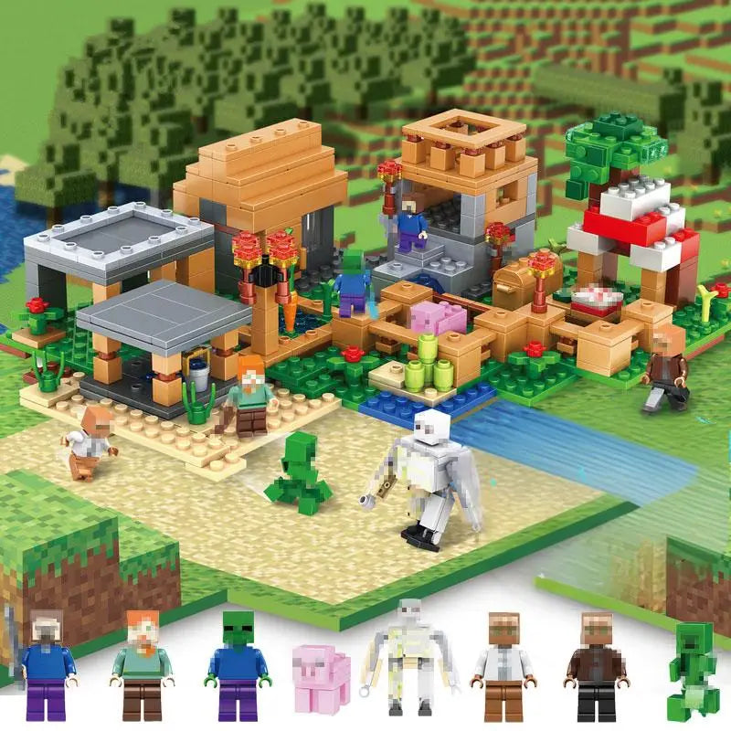 Blocs de construction de puzzle pour enfants, toboggans de village, grottes, mines, villes de chevaux, chats, léopards, jungles, jouet éducatif pour