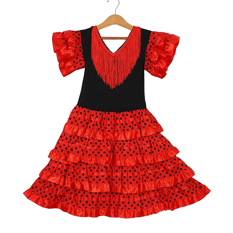 Robe de danse traditionnelle espagnole pour filles, robe de Festival à pois avec pompon, quatre couleurs, jupe classique de Style Flamengo gitane pour enfants