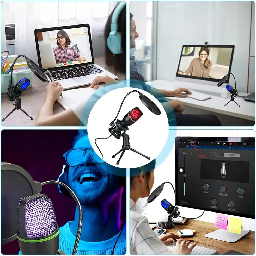 Microphone filaire à condensateur USB/RGB, 3.5mm, pour PC, ordinateur portable, jeu, Podcast, Studio, professionnel, Anti-blocage, pour bureau
