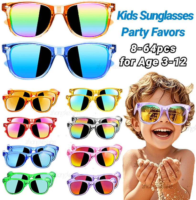 8 - 64pcs enfants lunettes de soleil cadeau de fête en vrac pour les enfants de 3 - 12 ans, lunettes de soleil translucides néon avec Protection UV 400, Pool birthday party Supplies Gift Bag pad