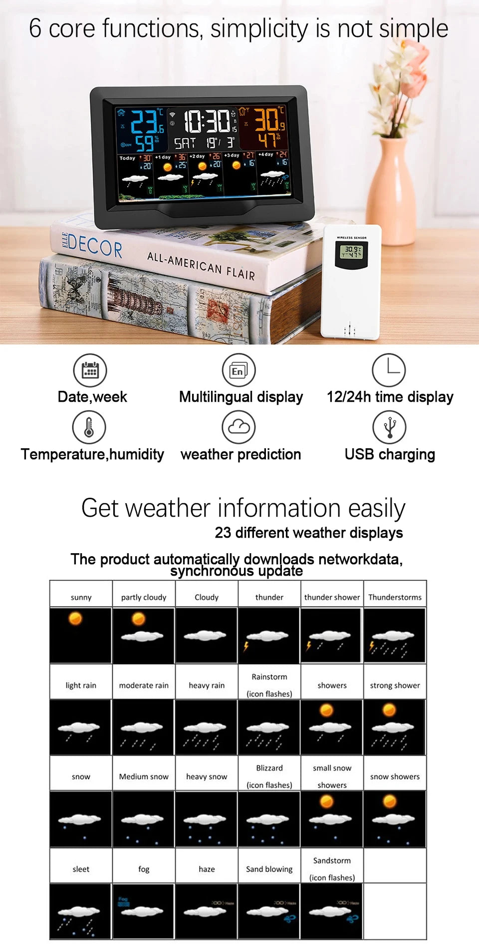 Tuya WIFI Station météo intelligente écran couleur APP contrôle météo réveil intérieur et extérieur température humidité mètre