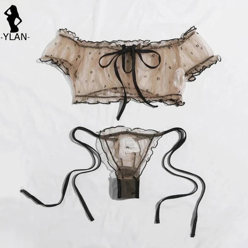 Ensemble de soutien-gorge à fleurs pour femmes, Lingerie Sexy, mignon, sans bretelles, Bralette, culotte, sous-vêtements fantaisie, intime, Transparent, érotique
