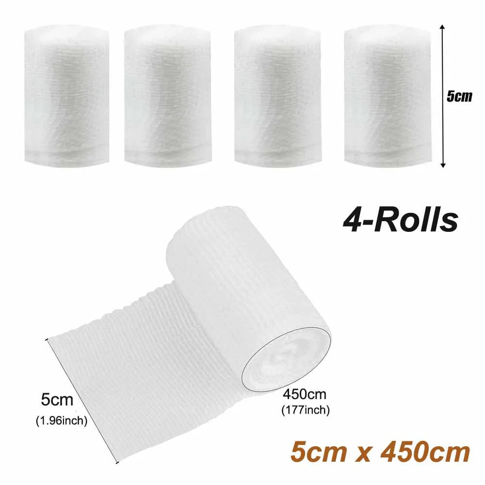 Rouleau de bandage de gaze avec ruban adhésif, 4 rouleaux, enveloppe de gaze blanche, enveloppement de gaze respirant, utilisé pour les premiers secours, les soins et les fournitures des plaies
