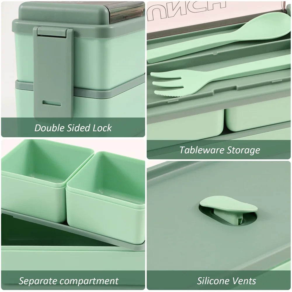 Boîte à déjeuner Portable Double couche pour enfants, avec fourchette et cuillère, boîtes à Bento pour micro-ondes, ensemble de vaisselle, conteneur de stockage des aliments