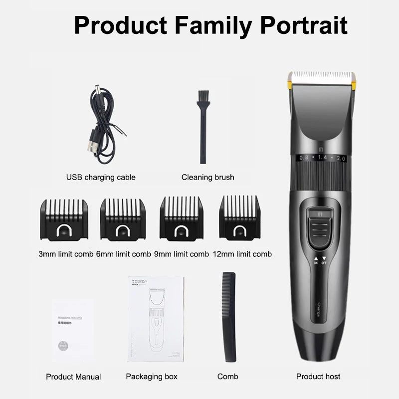 Professional electric hair clipper for men, ceramic blade, low noise home trimmer, USB charger, men's hair cutting tools