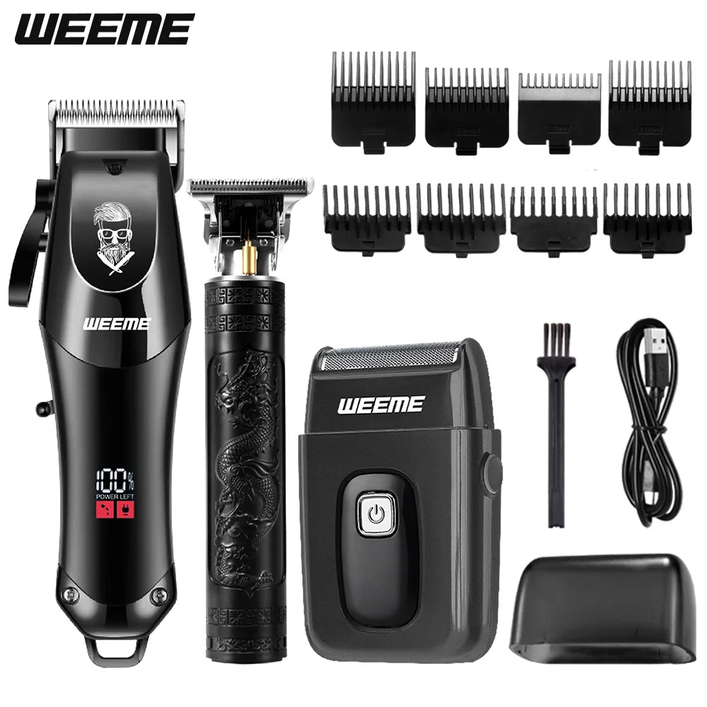 Kit de toilettage pour hommes, ensemble de 3 pièces, tondeuse à cheveux dorée noire avec écran LCD, rechargeable par USB, 8 peignes de guidage, tondeuse et rasoir