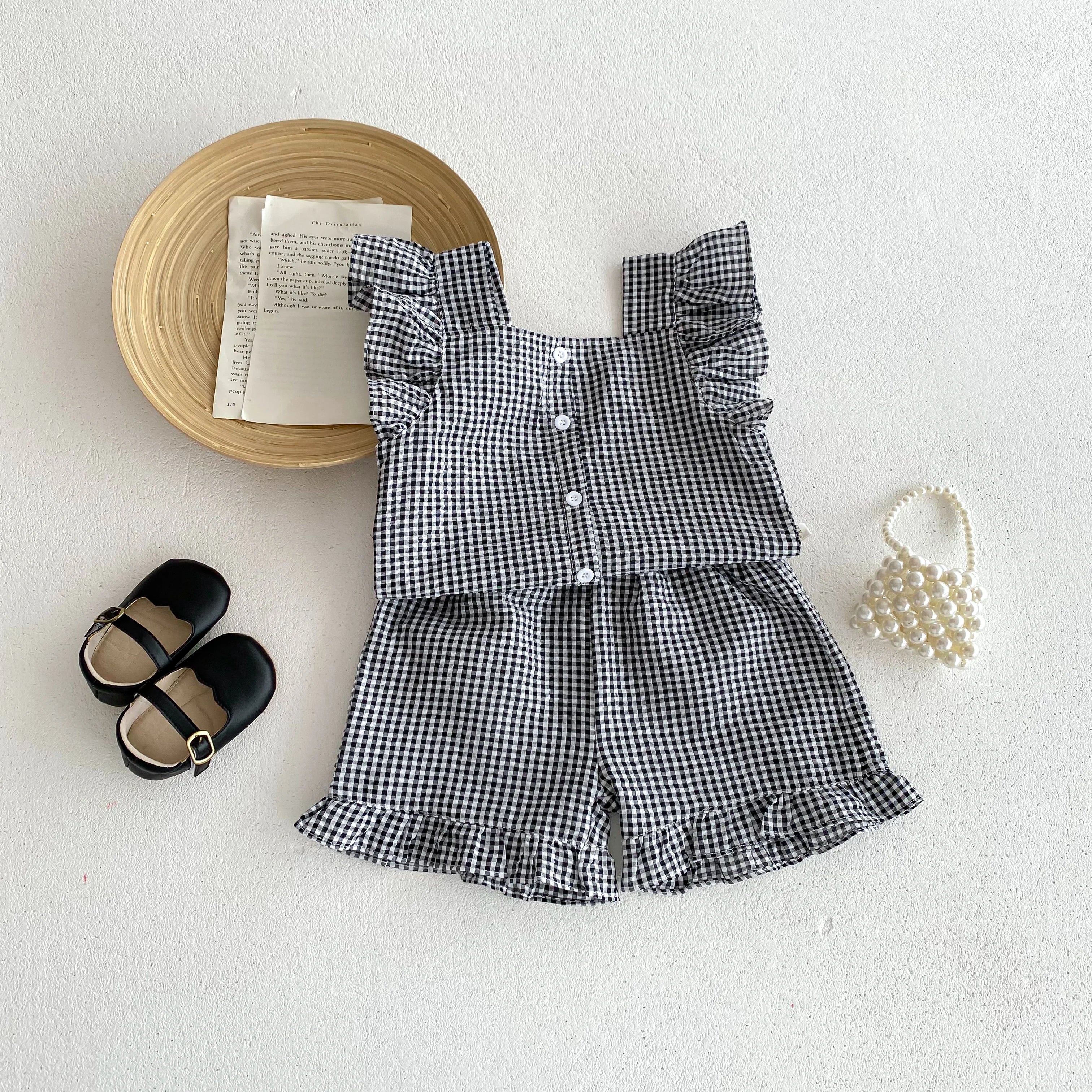 Tenue d'été pour enfants de 2 à 6 ans, vêtements pour bébés filles, chemisiers sans manches à carreaux + short, ensemble deux pièces