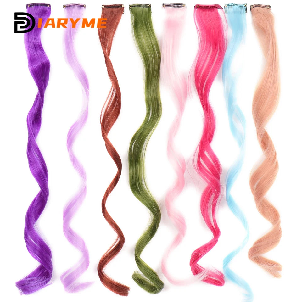 Colorful curly synthetic hair extensions for girls, long clip-in hairpiece, multicolored party strands, wig piece, for women and children