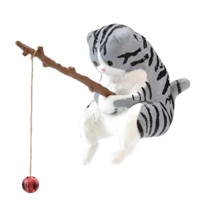Fish-inspired fishing cat ornaments, mini resin figurine, cartoon cat statue for home office aquarium decoration